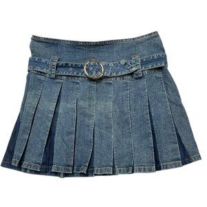 Vintage Y2K Agree Jean Skirt Womens 15/16 Pleated Mini Denim Belted 90s Grunge